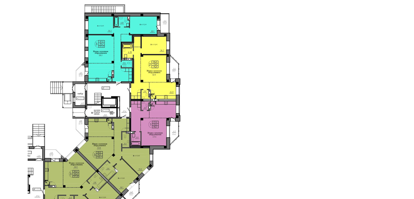 Квартиры площадью: 77 м² - 102 м²