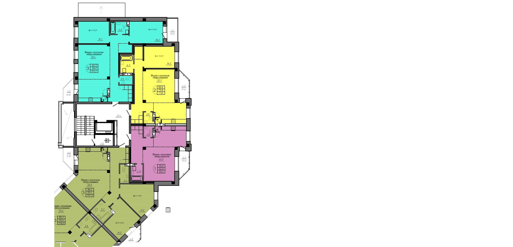 Квартиры площадью: 77 м² - 102 м²