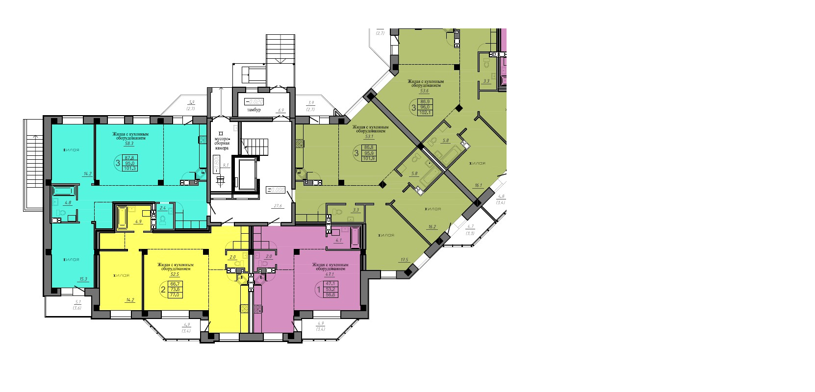 Квартиры площадью: 77 м² - 102 м²
